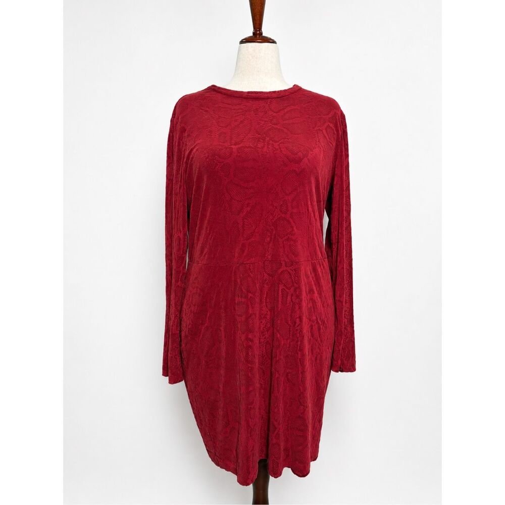 Nina Parker 2X Red Snake Print Long Sleeve Dress Plus Size Stretch Casual Midi